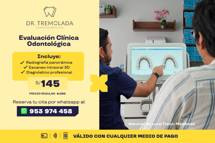 EVALUACIÓN CLÍNICA ODONTOLÓGICA PRECIO PROMOCIÓN: S/. 145. VÁLIDO EN LOCAL FÍSICO. VÁLIDO CON TODOS LOS MEDIOS DE PAGO